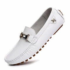 Trendy leather-effect loafers with gold buckle for men, White