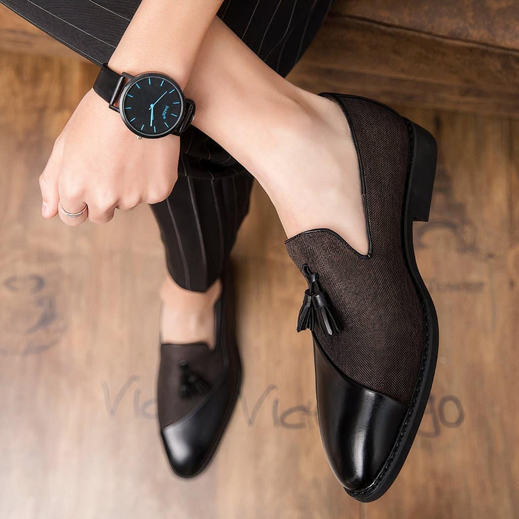 Two-material tassel loafers with contrasting effect
