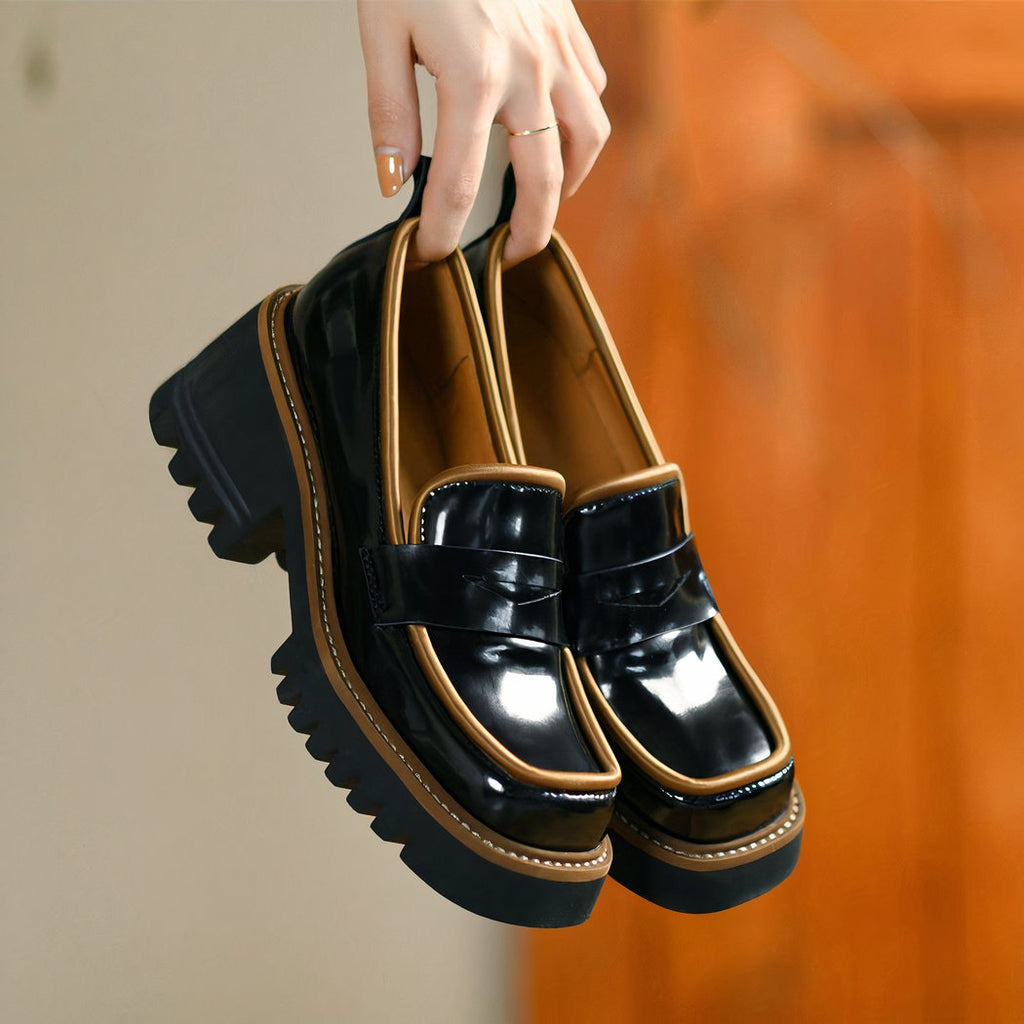 Two-tone patent loafers with thick sole
