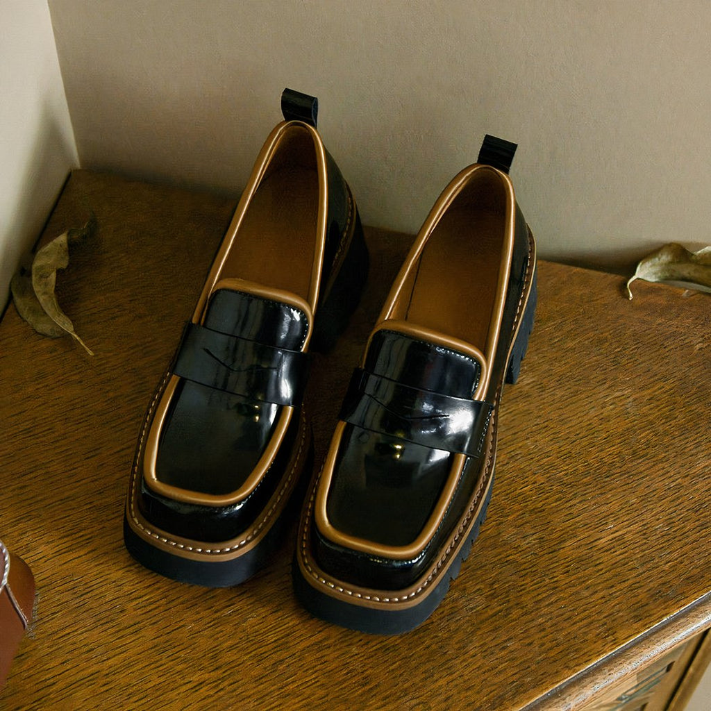 Two-tone patent loafers with thick sole