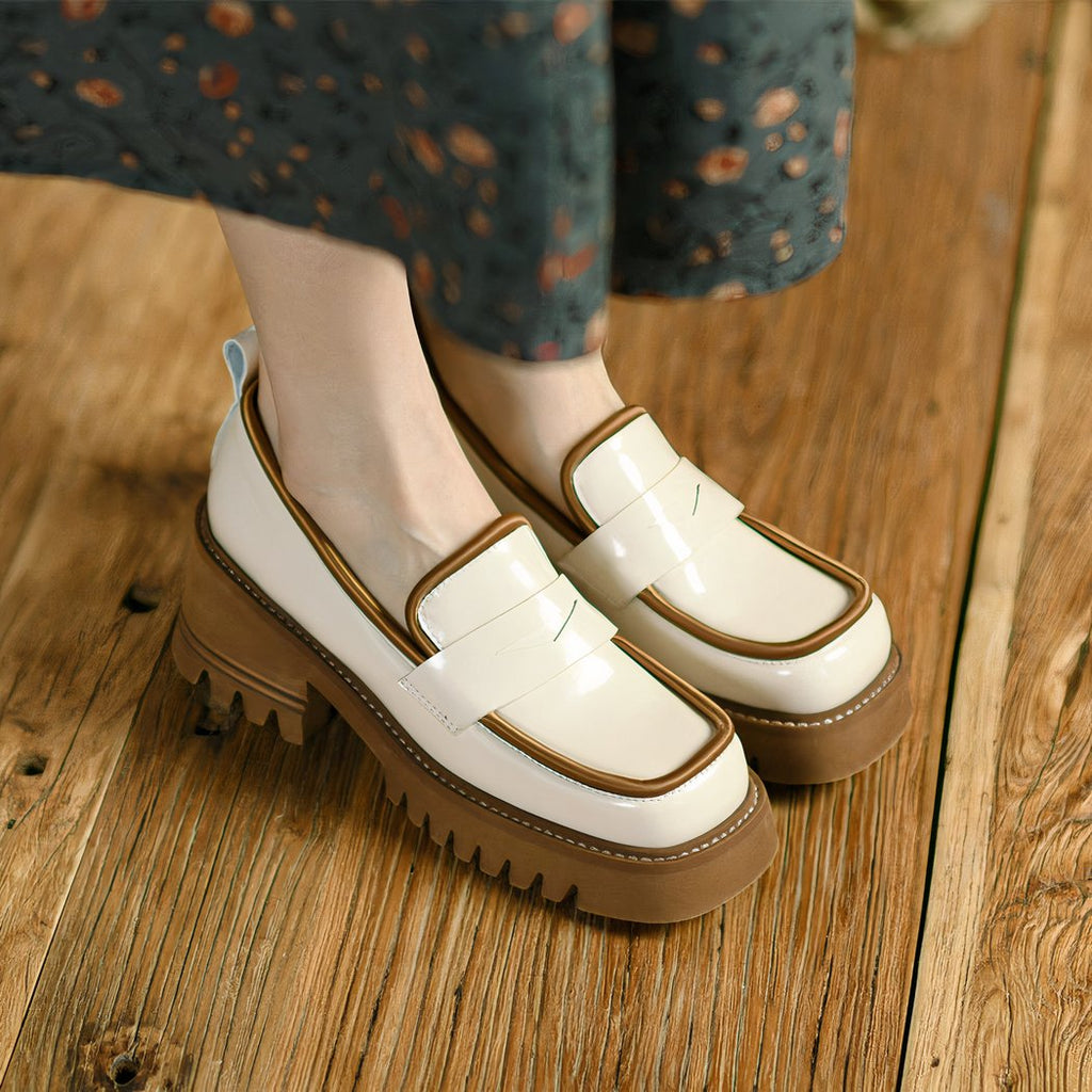 Two-tone patent loafers with thick sole