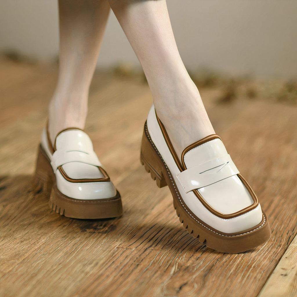 Two-tone patent loafers with thick sole