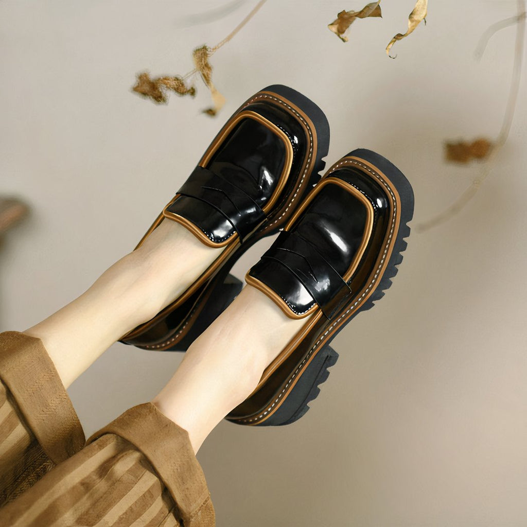 Two-tone patent loafers with thick sole