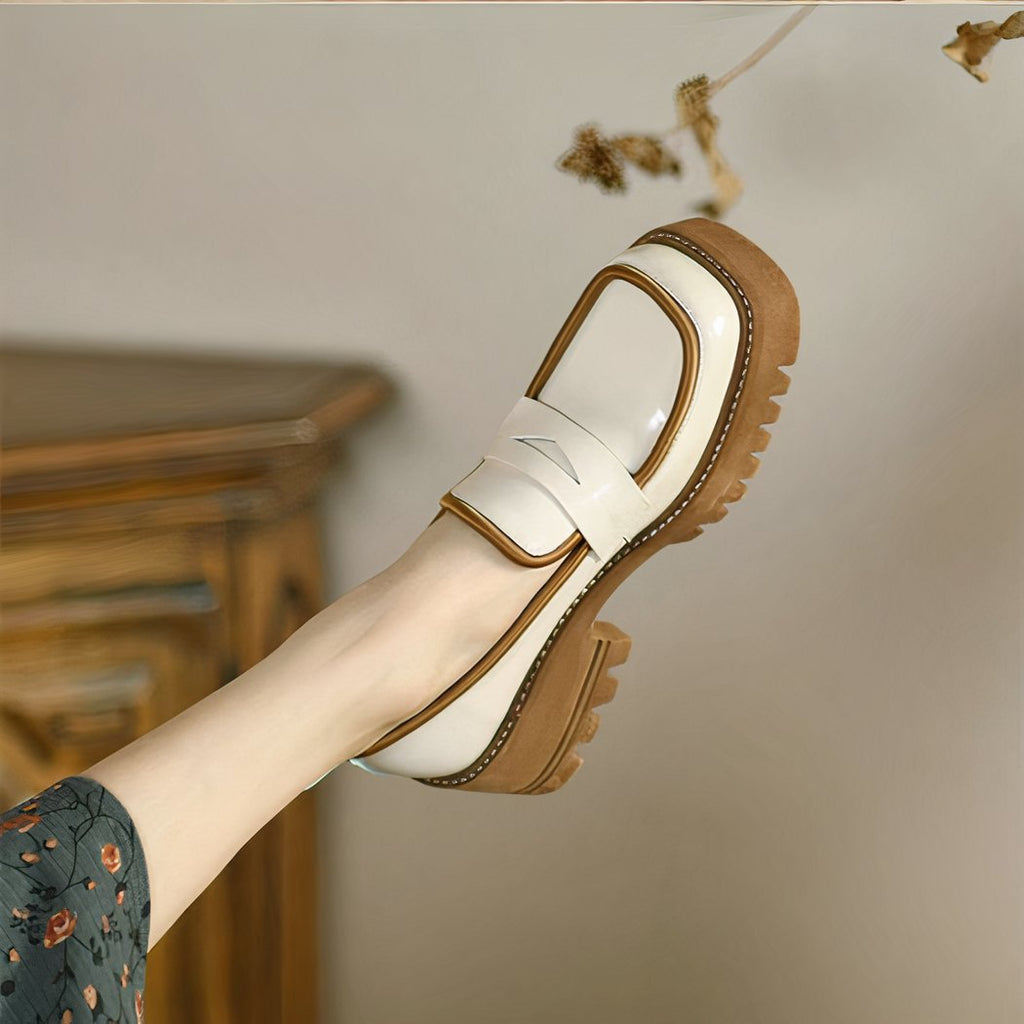 Two-tone patent loafers with thick sole