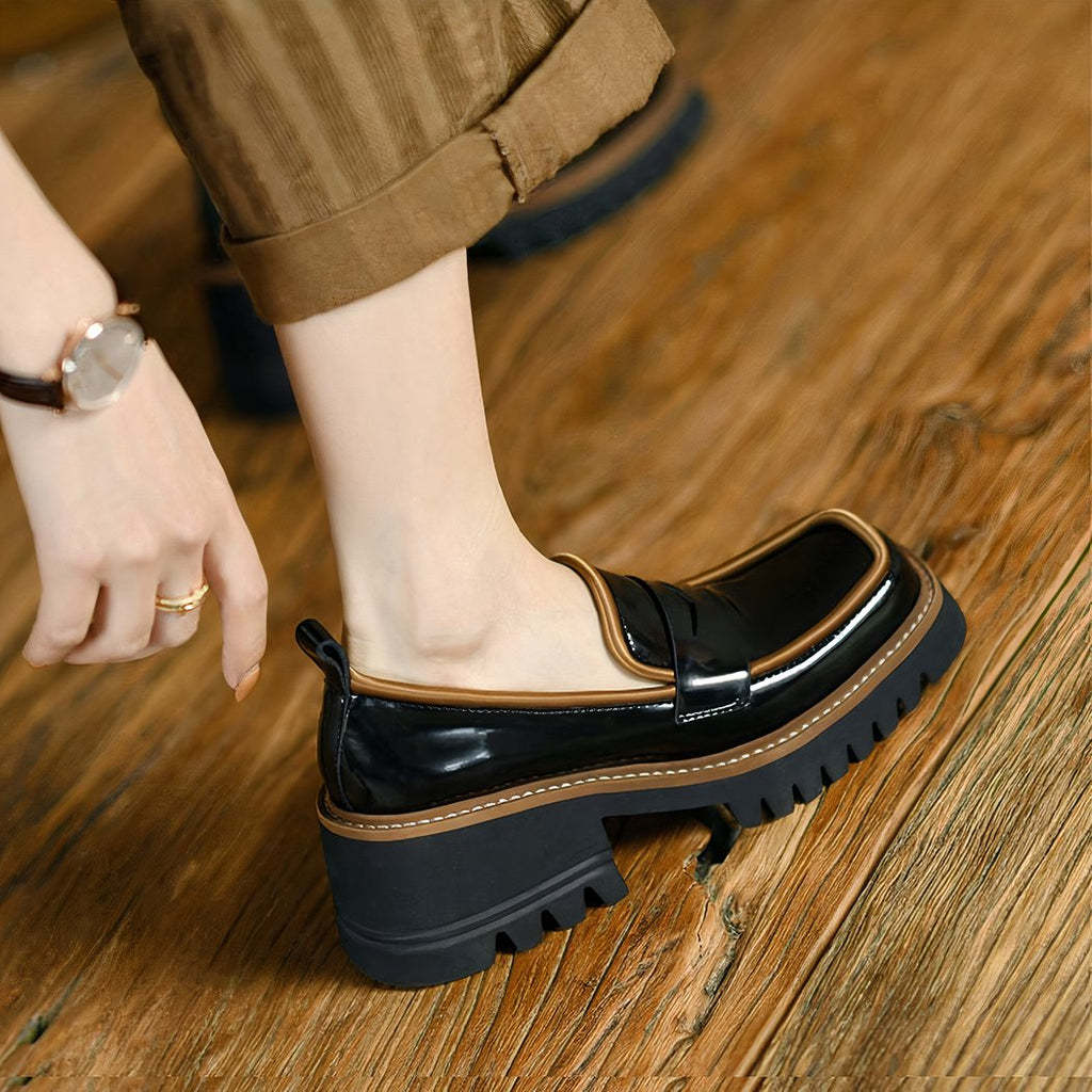 Two-tone patent loafers with thick sole