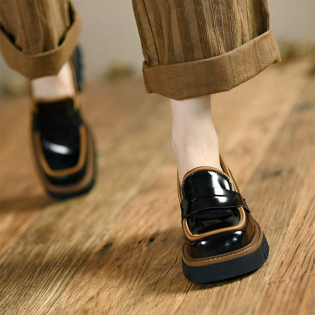 Two-tone patent loafers with thick sole