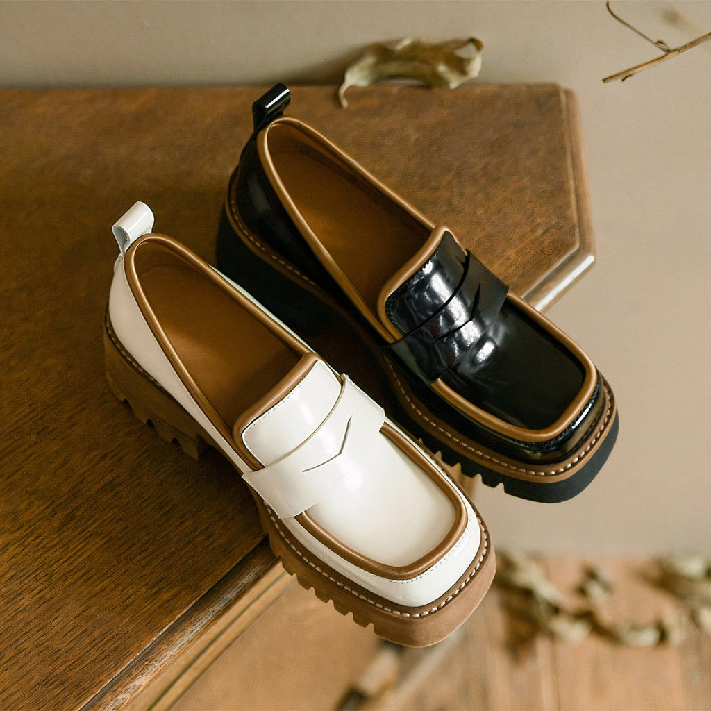 Two-tone patent loafers with thick sole