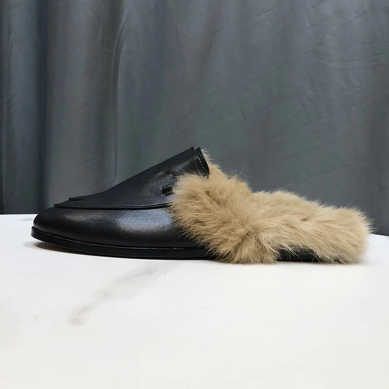 Warm lined indoor mule slippers in black leather