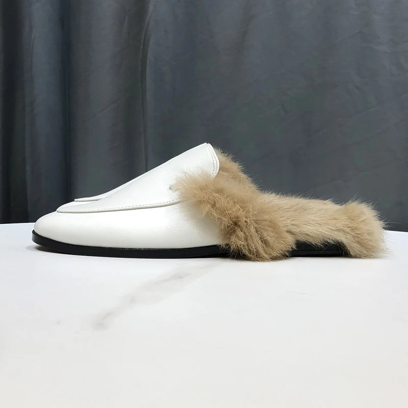 Warm lined indoor mule slippers in white leather