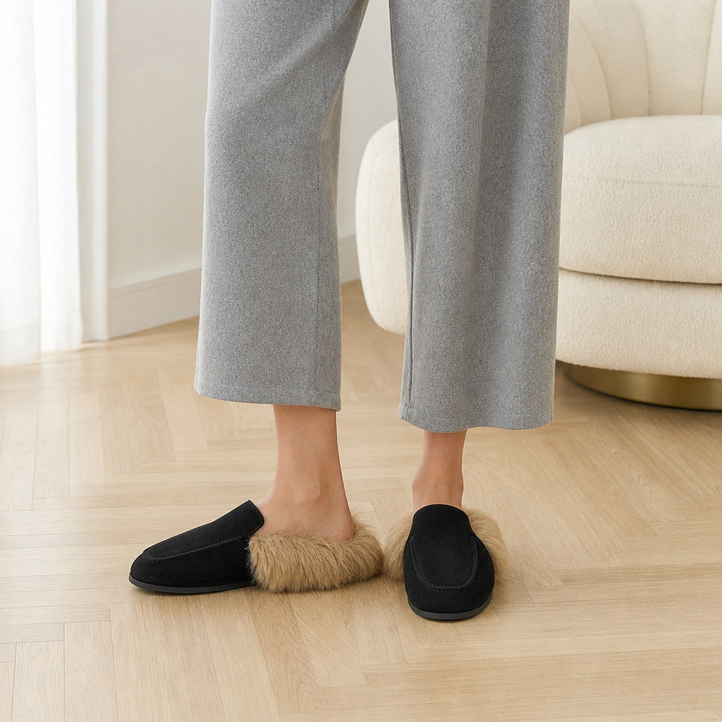 Warm lined indoor mule slippers, black leather version, view 5
