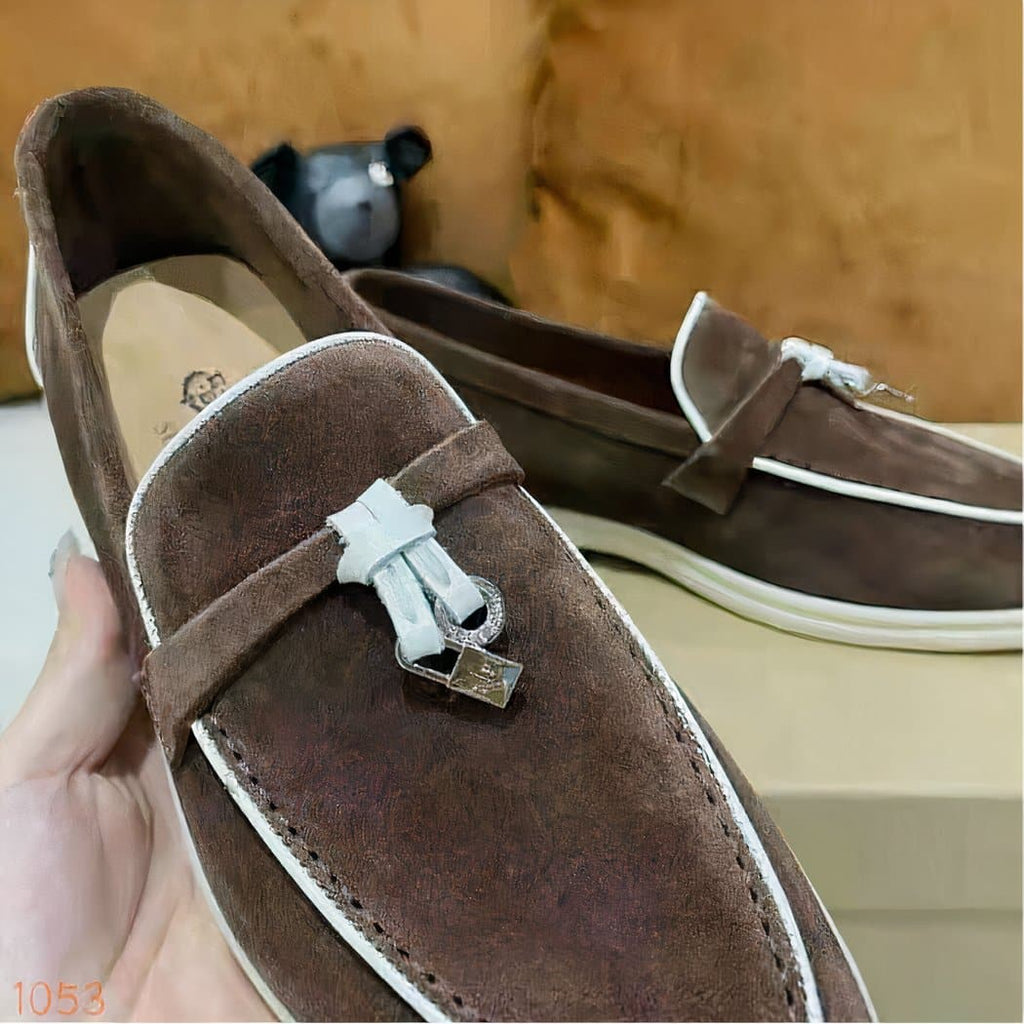 green suede loafer