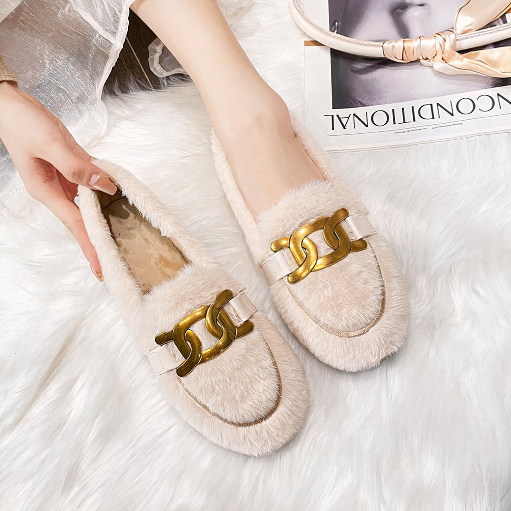 Women's faux wool loafers with chain