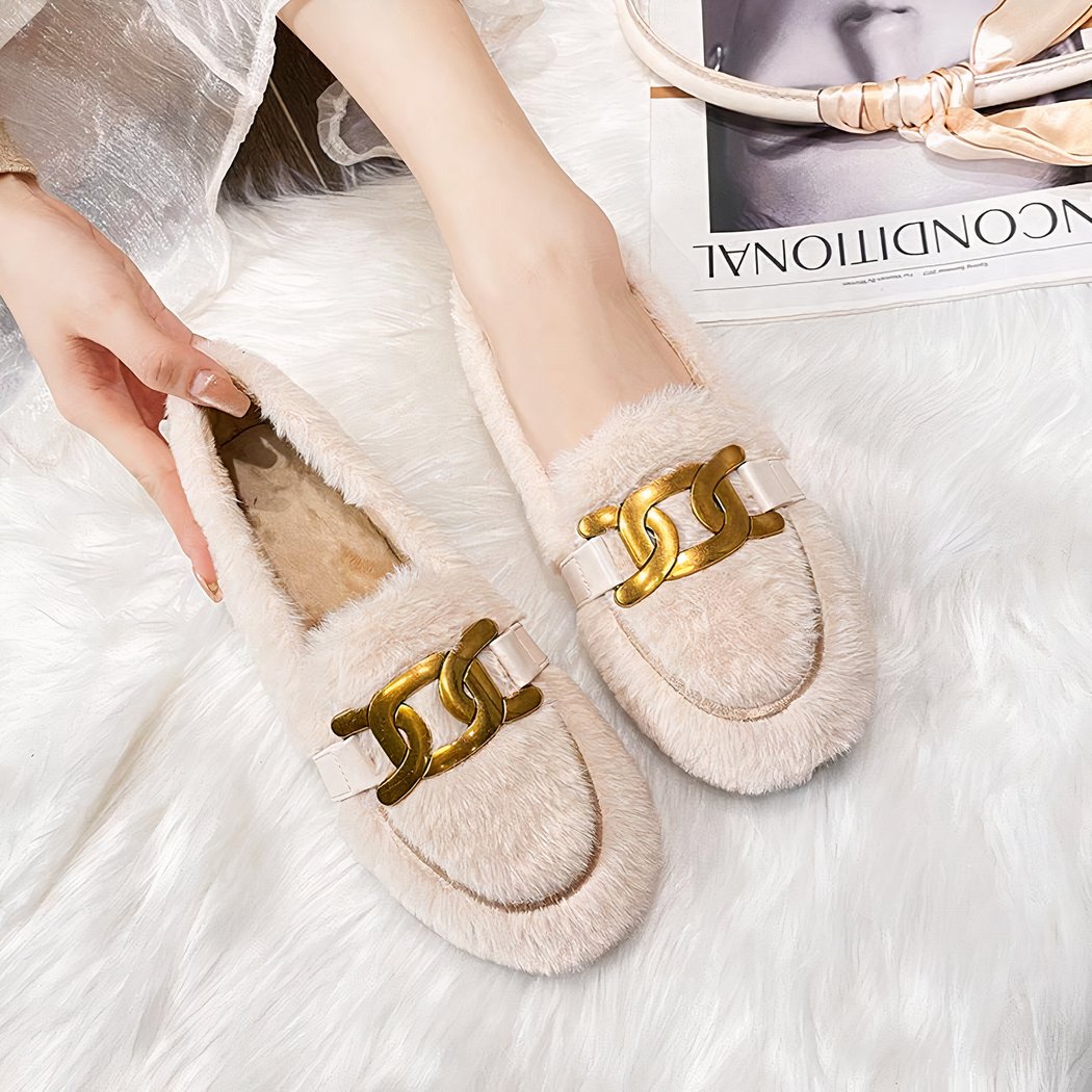 Women's faux wool loafers with chain