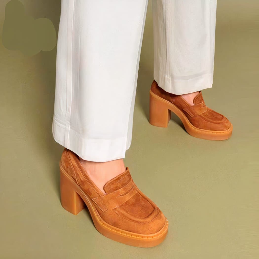 Women's high-heeled genuine suede loafers