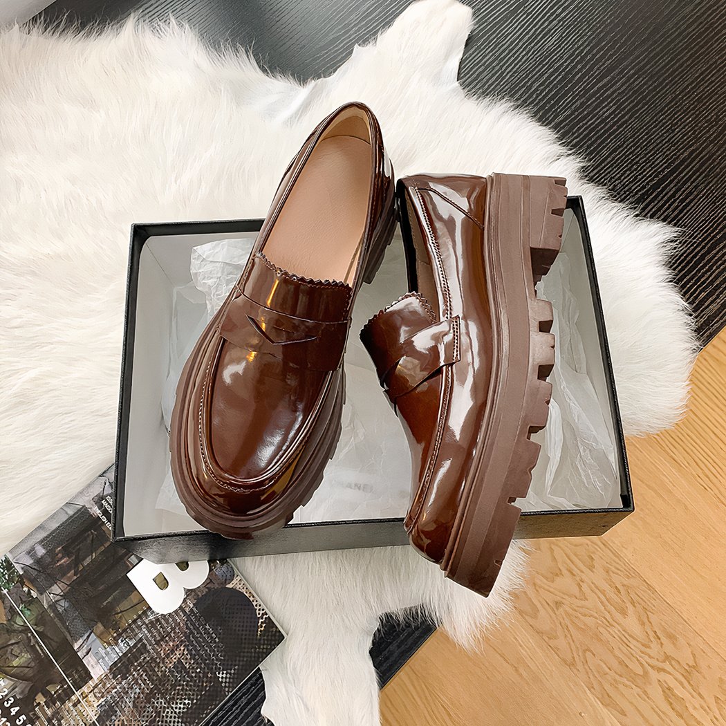 Women's patent leather platform loafers with heels