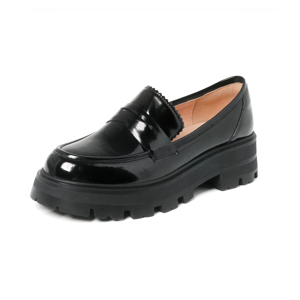 Women's patent leather platform loafers with heels