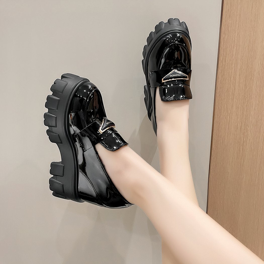 Women's shiny synthetic leather wedge loafers