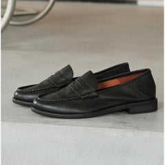 Women's soft leather square-heeled loafers, Black
