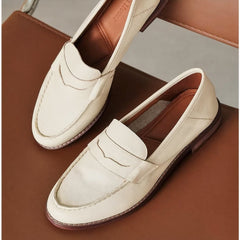 Women's soft leather square-heeled loafers, Beige