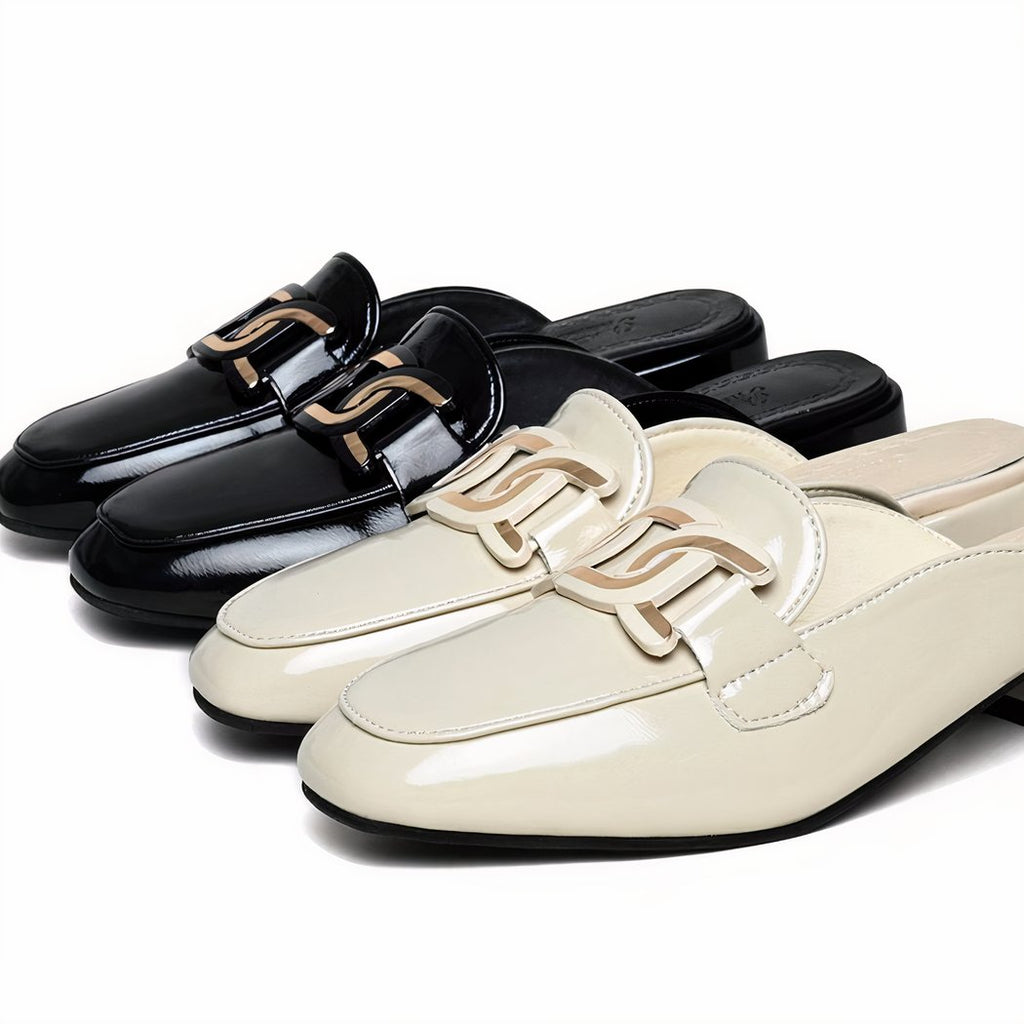 Two pairs of square-heeled loafers in shiny beige and black