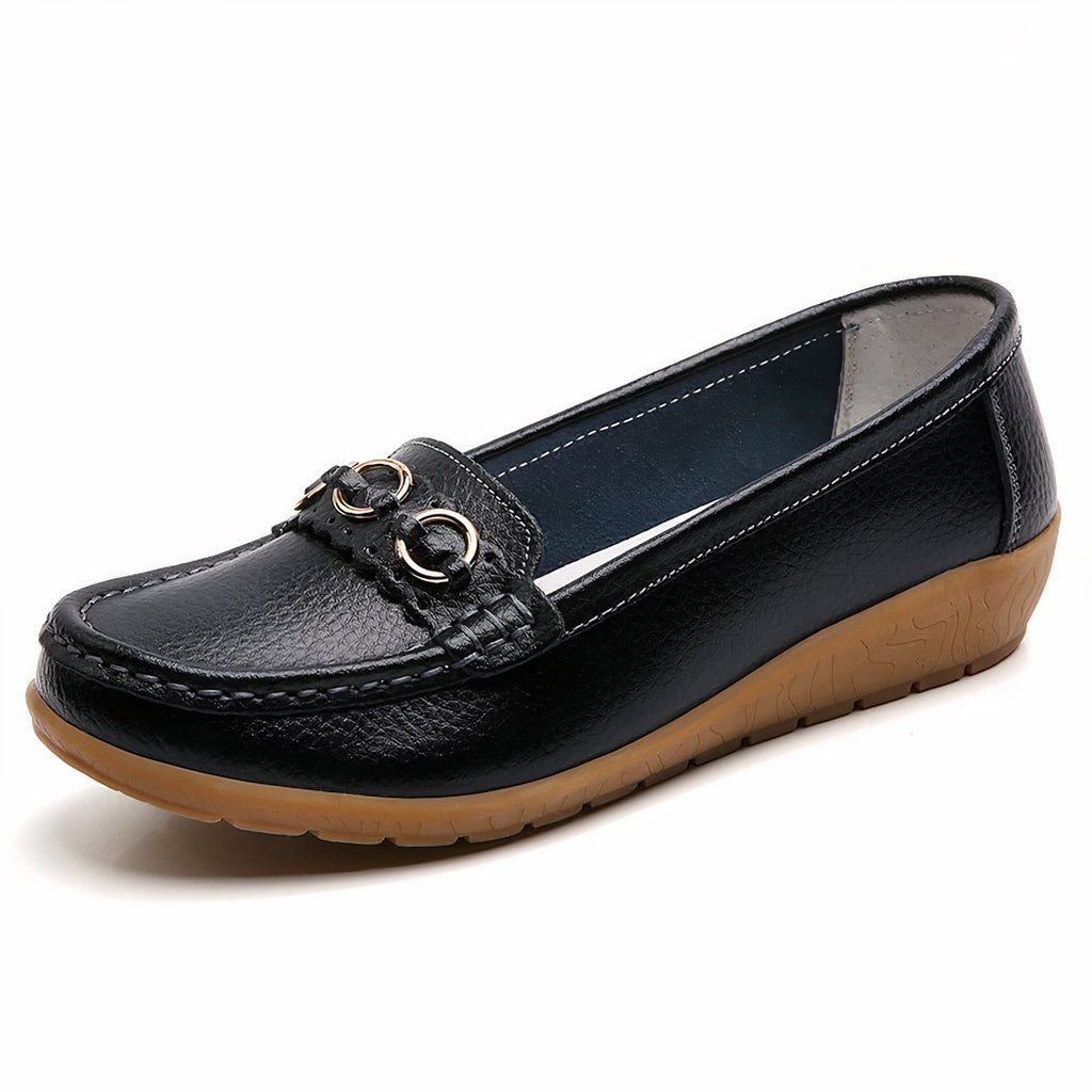 Women's wedge loafers with gold buckle details