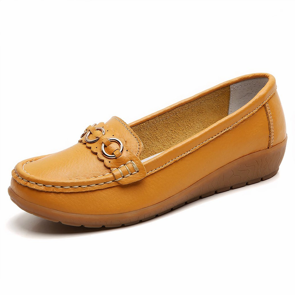 Women's wedge loafers with gold buckle details