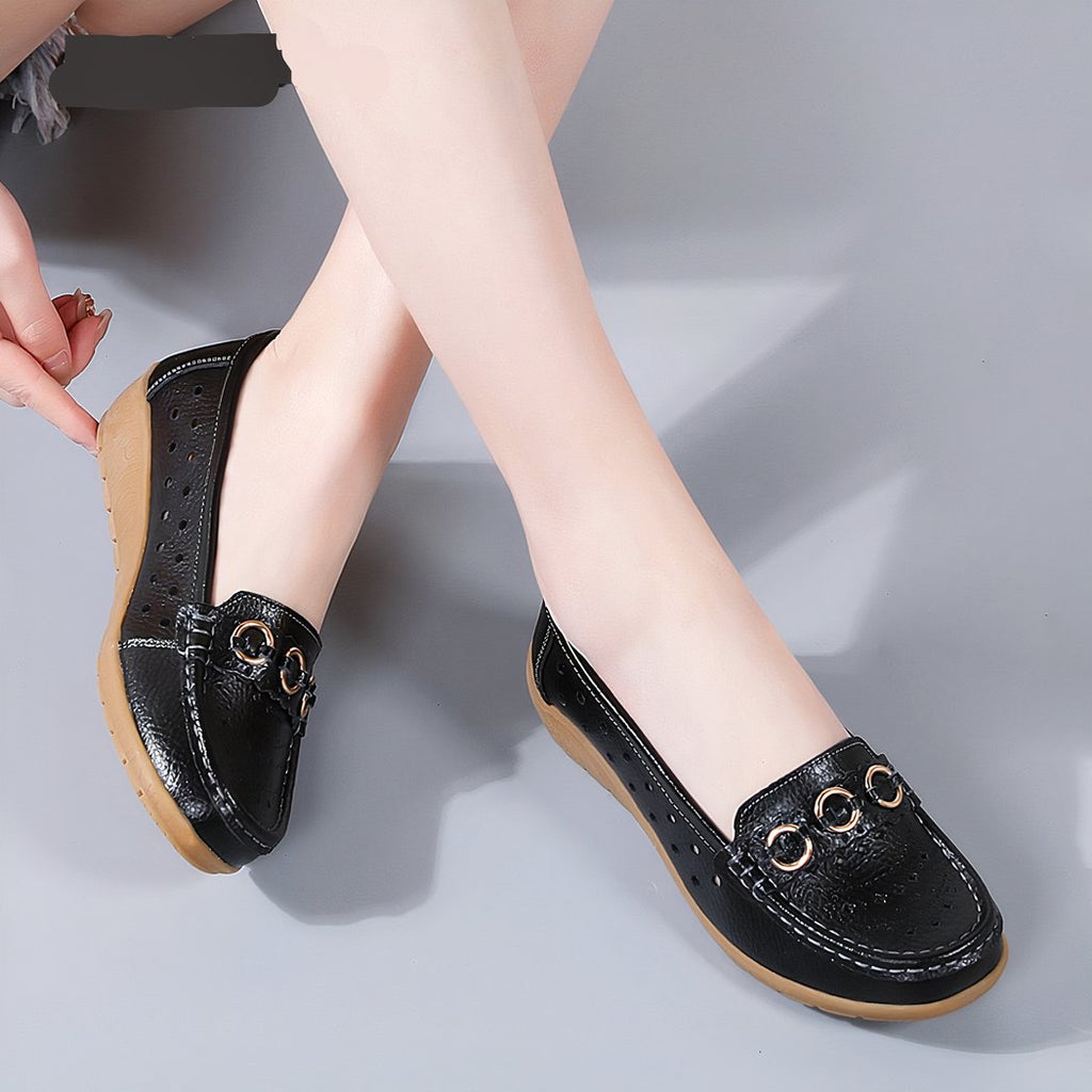 Women's wedge loafers with gold buckle details