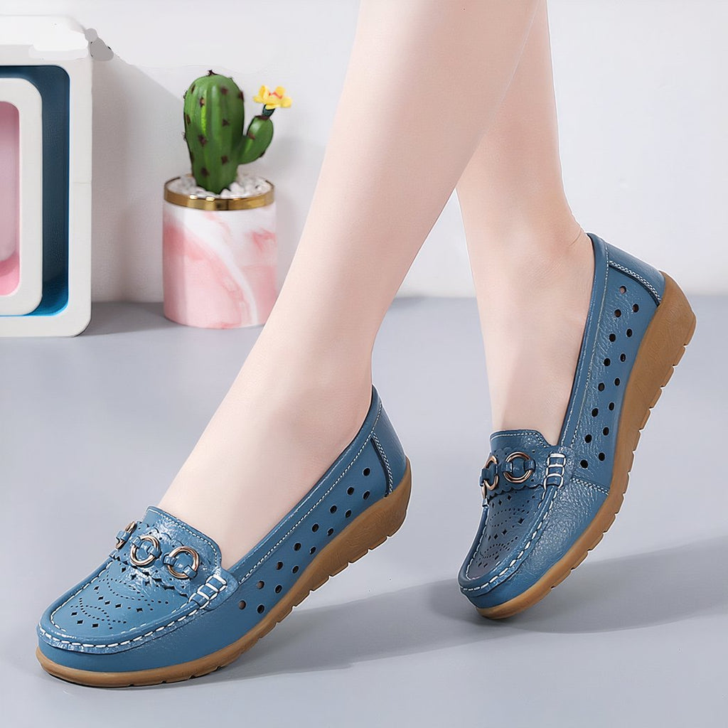 Women's wedge loafers with gold buckle details