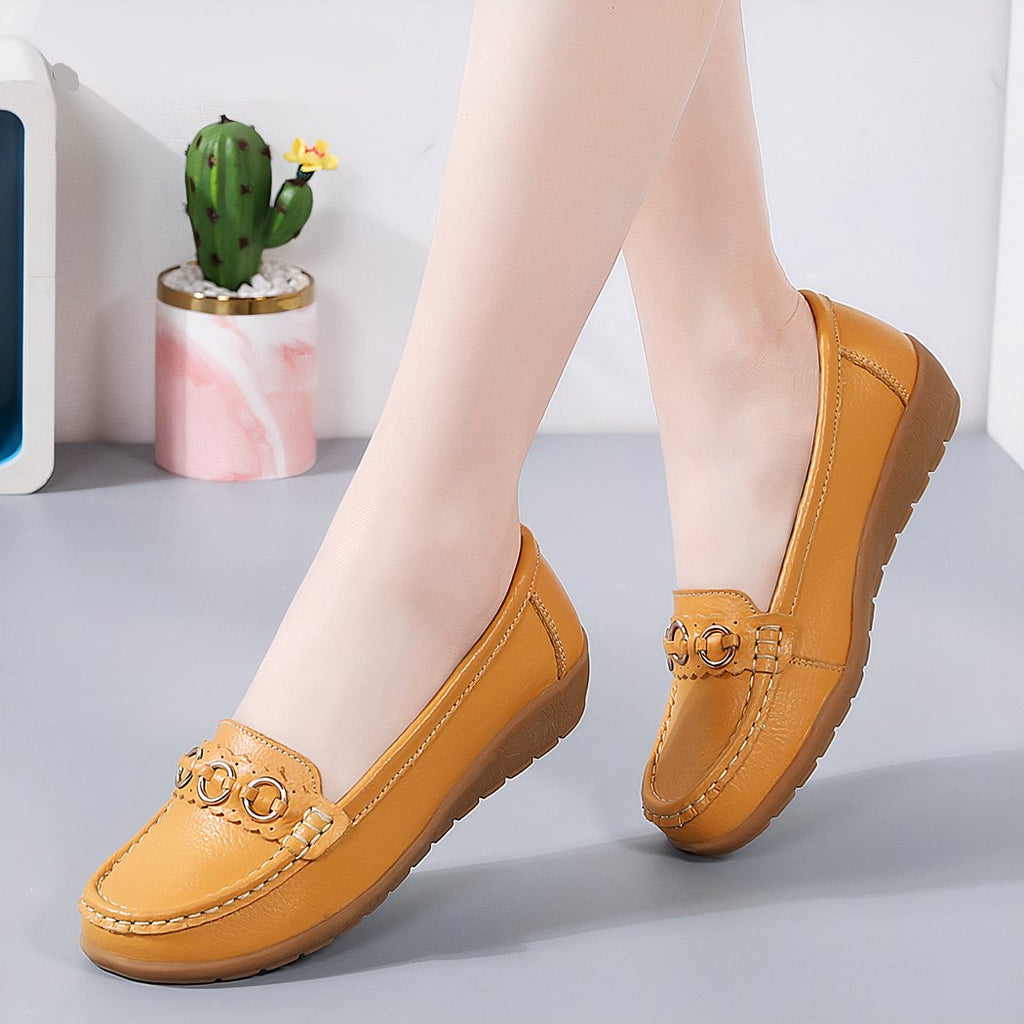 Women's wedge loafers with gold buckle details