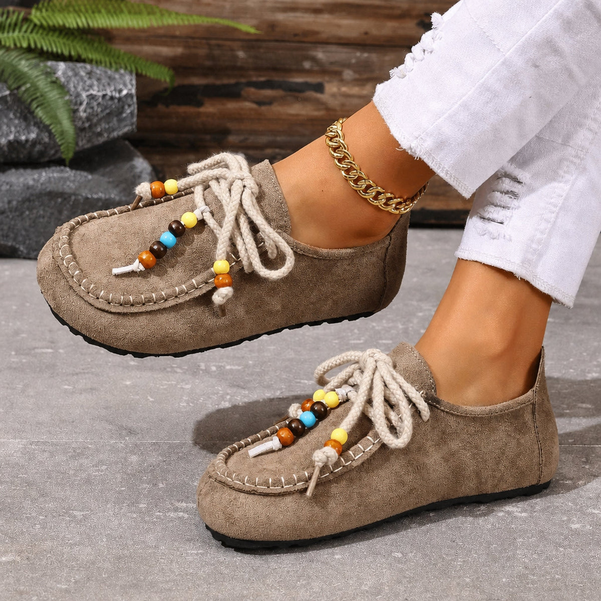 Women's beaded lace-up loafers with colorful trim, Gray, front view