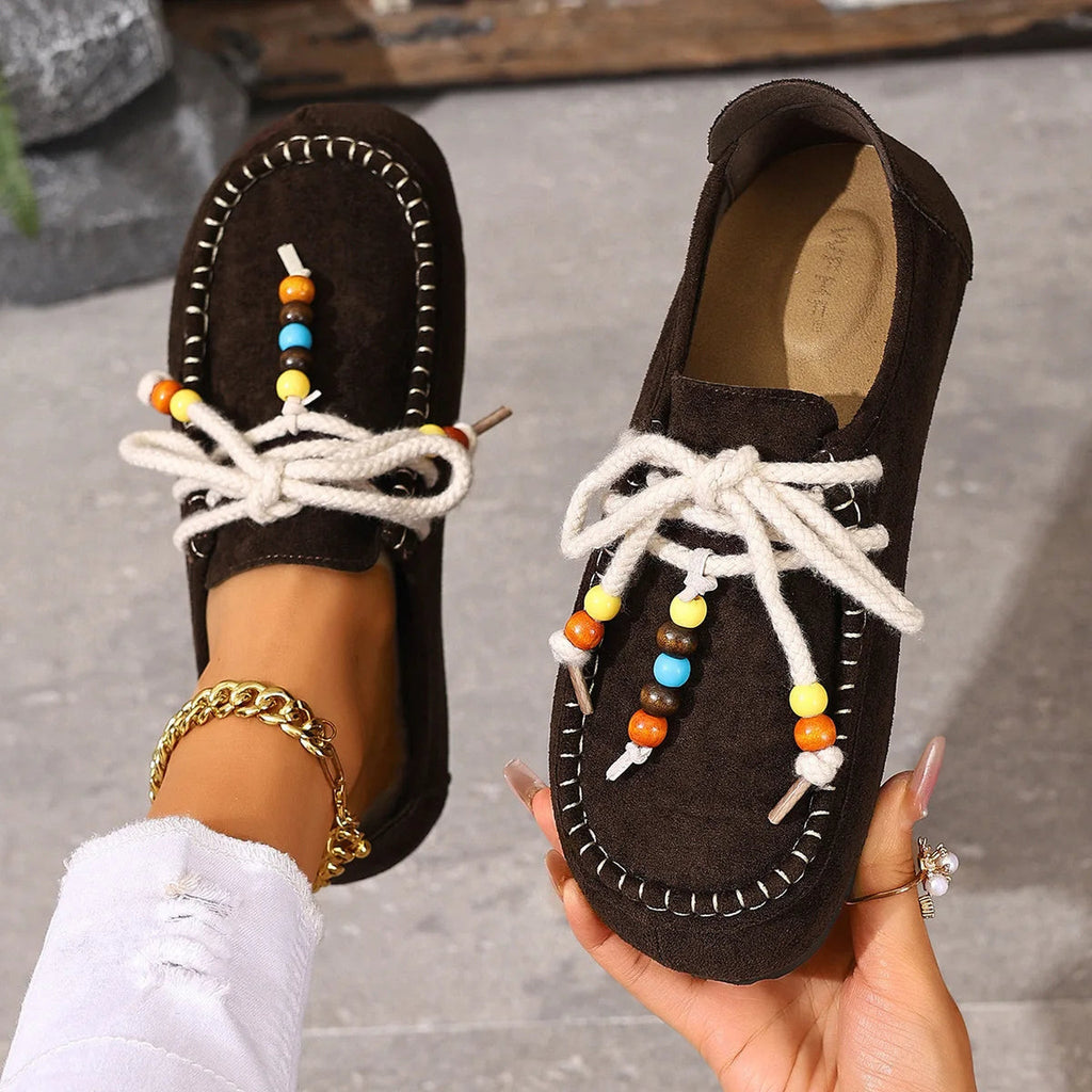 Women's beaded lace-up loafers with colorful trim, Taupe, back view