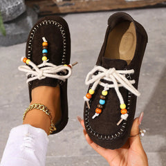 Women's Beaded Lace-Up Loafers with Colorful Trim, Brown