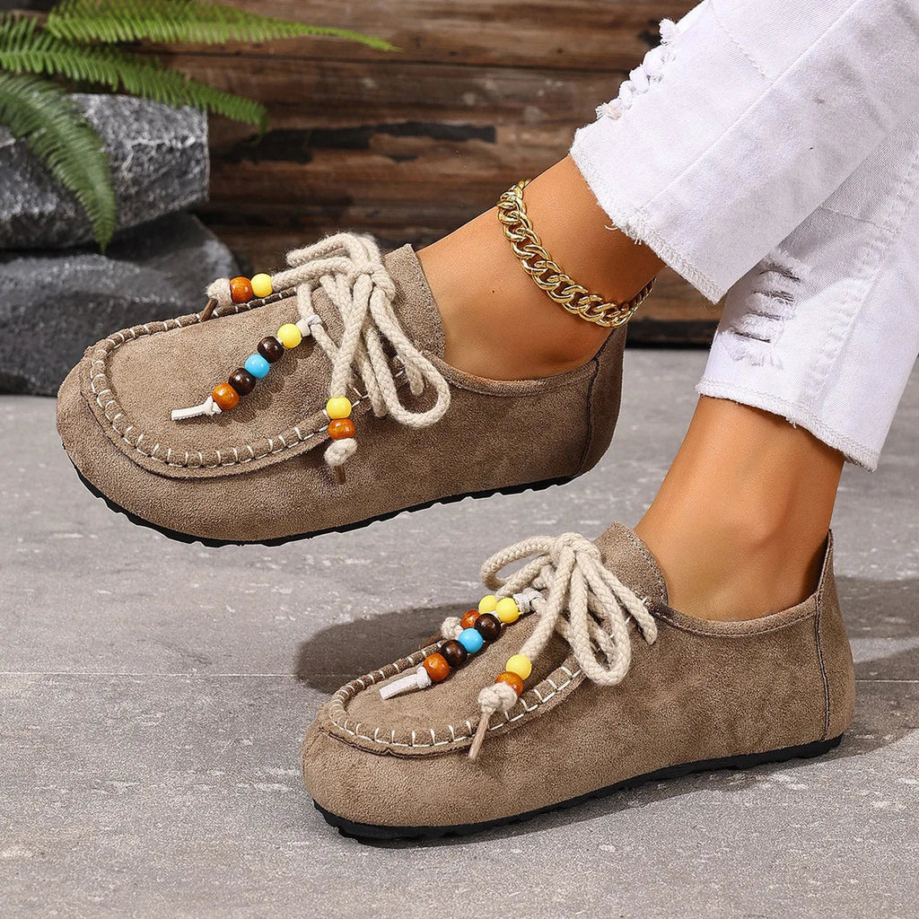 Women's beaded lace-up loafers with colorful trim, Gray, three-quarter view
