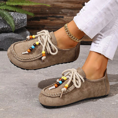 Women's Beaded Lace-Up Loafers with Colorful Trim, Taupe