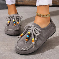 Women's Beaded Lace-Up Loafers with Colorful Trim, Gray