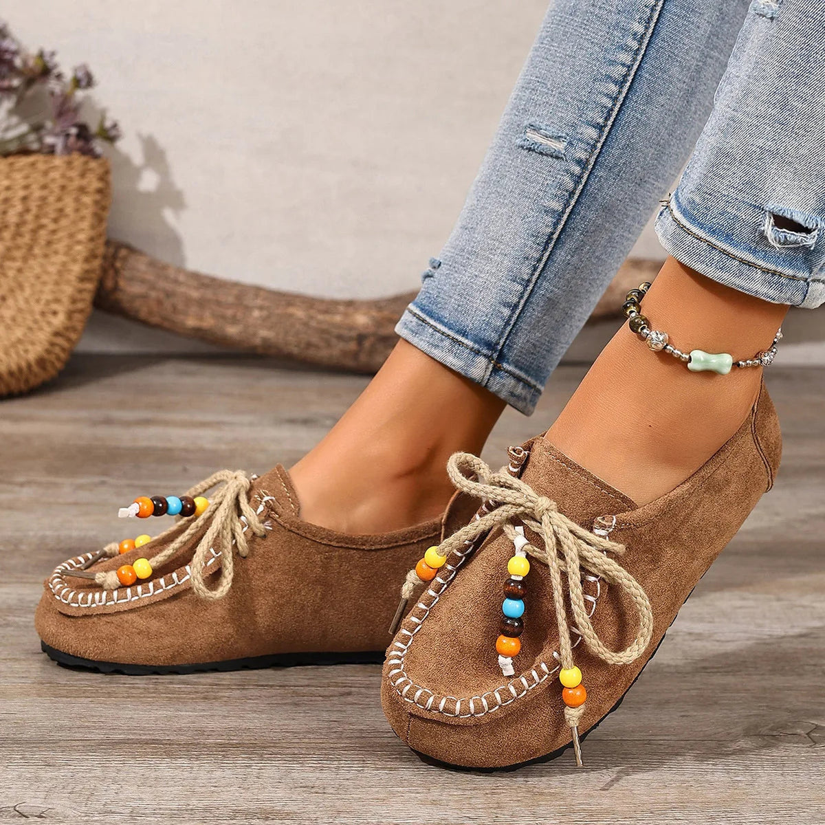 Women's beaded lace-up loafers with colorful trim, Yellow, pair view
