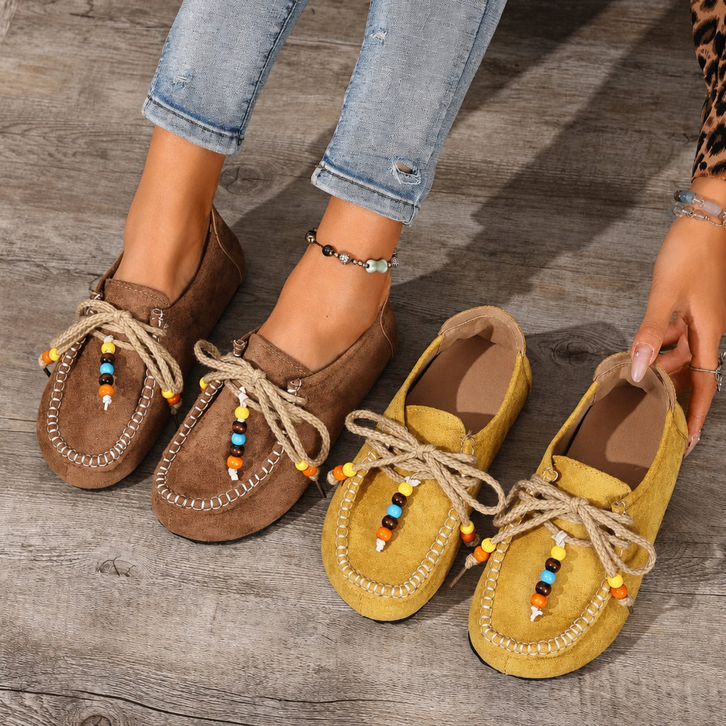 Women's beaded lace-up loafers with colorful trim, Brown, top view