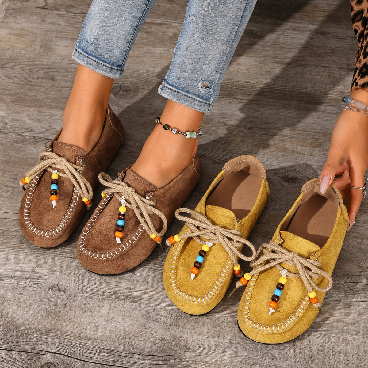Women's beaded lace-up loafers with colorful trim, Brown, top view