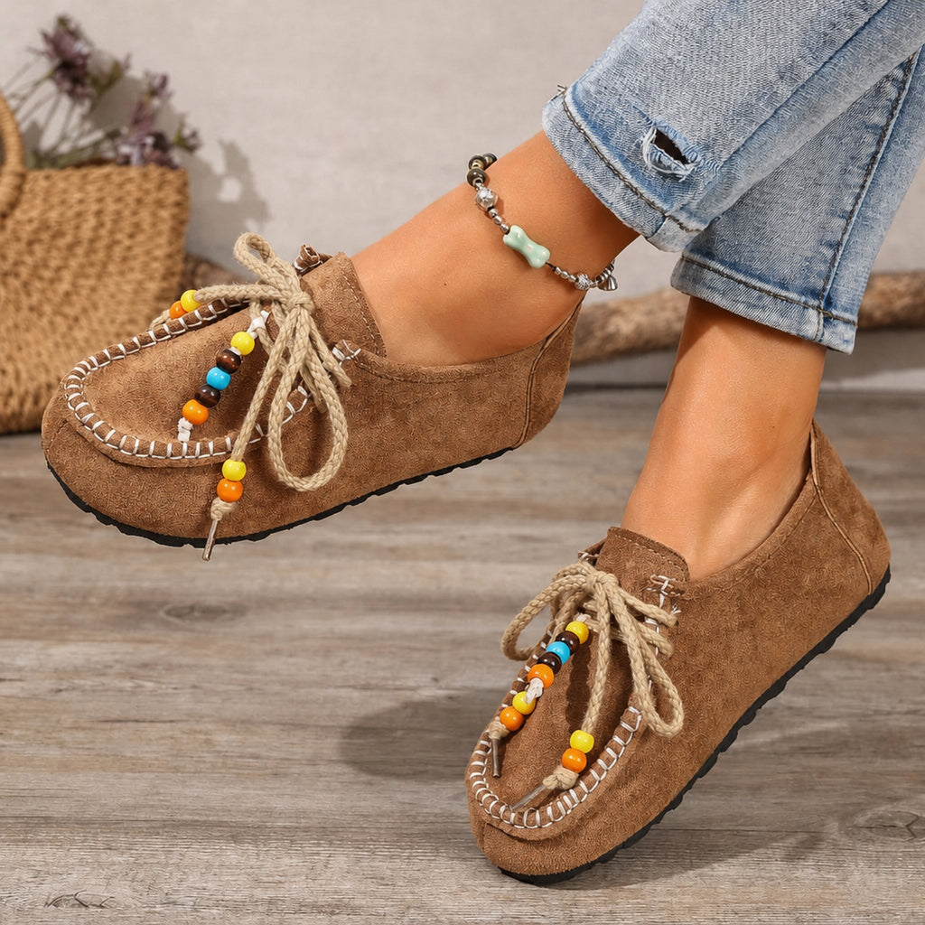 Women's beaded lace-up loafers with colorful trim, Gray, sole view