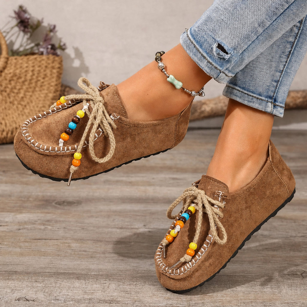 Women's beaded lace-up loafers with colorful trim, Gray, sole view