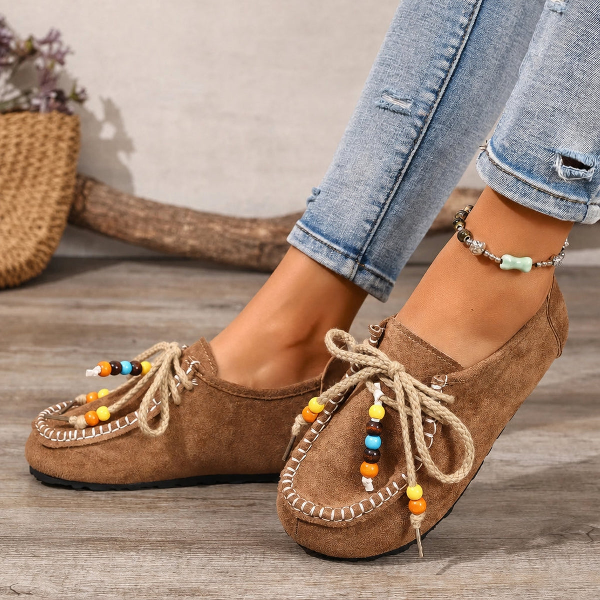 Women's beaded lace-up loafers with colorful trim, Camel, worn look