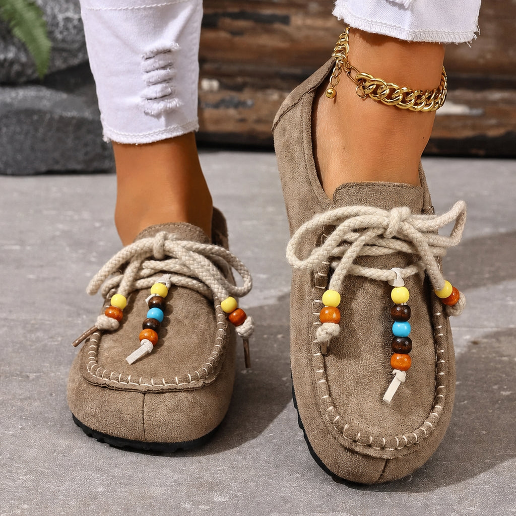Women's beaded lace-up loafers with colorful trim, Yellow, detail view