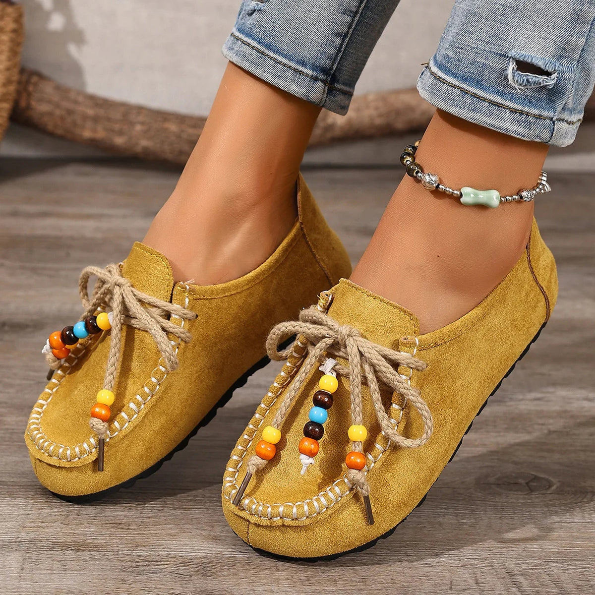 Women's beaded lace-up loafers with colorful trim, Brown, close-up