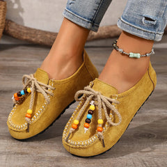 Women's Beaded Lace-Up Loafers with Colorful Trim, Yellow