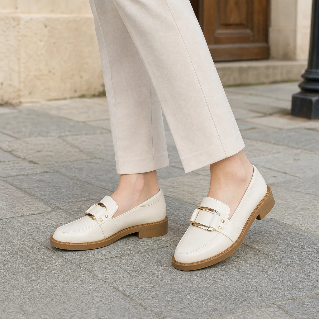 Beige moccasins with camel rubber sole