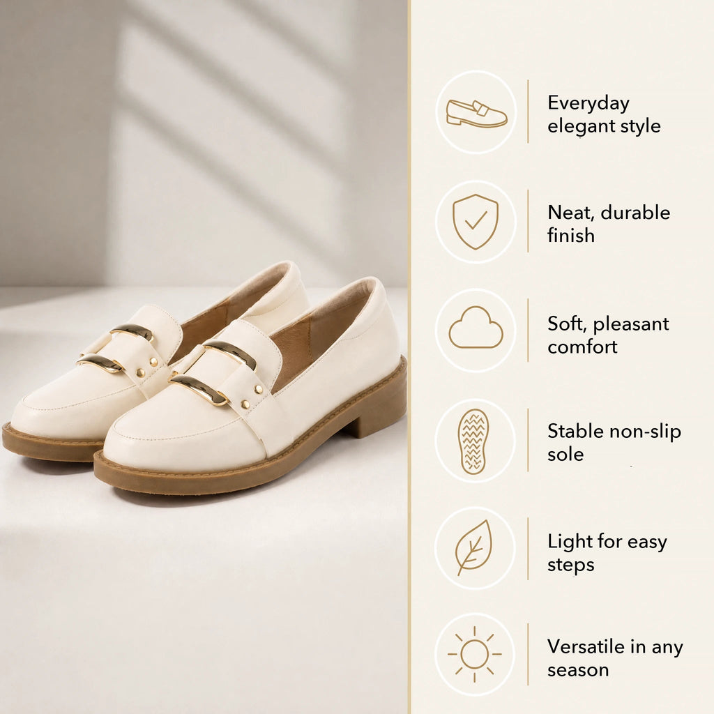 Pair of beige moccasins, top view
