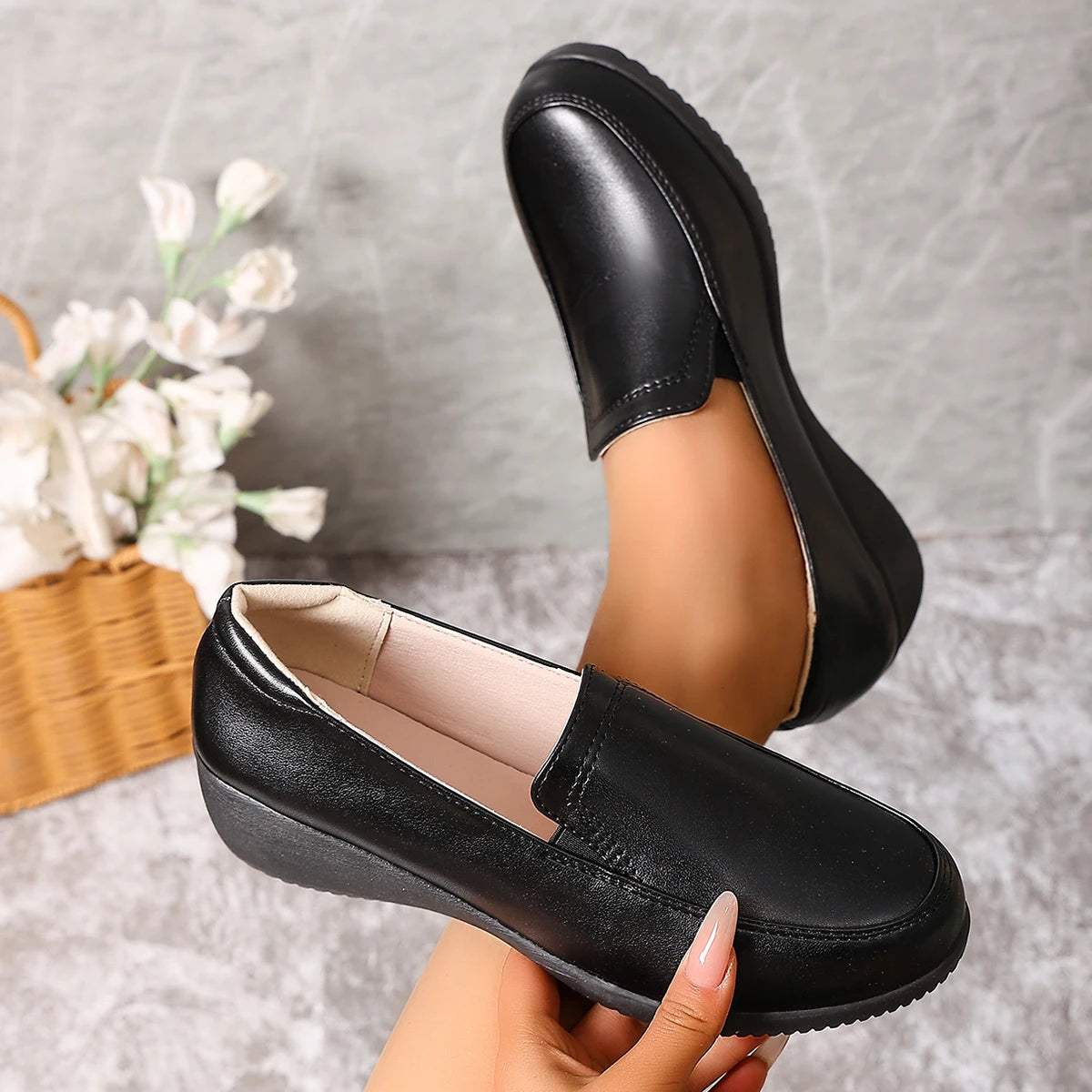 Women's black wedge loafers, view 6