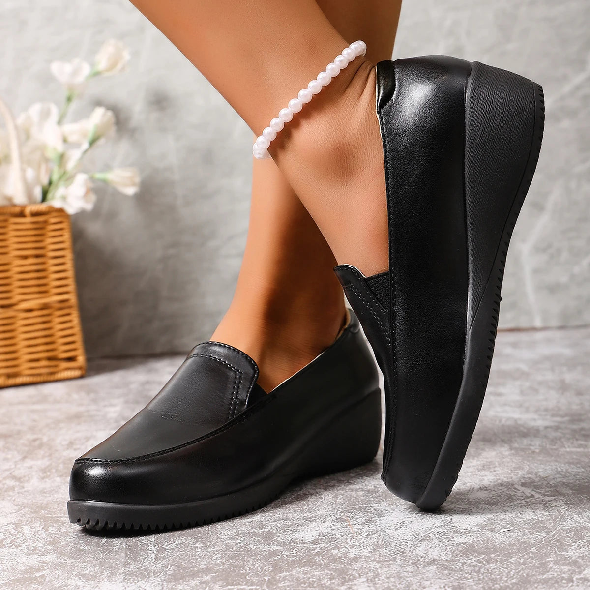 Women's black wedge loafers, view 8