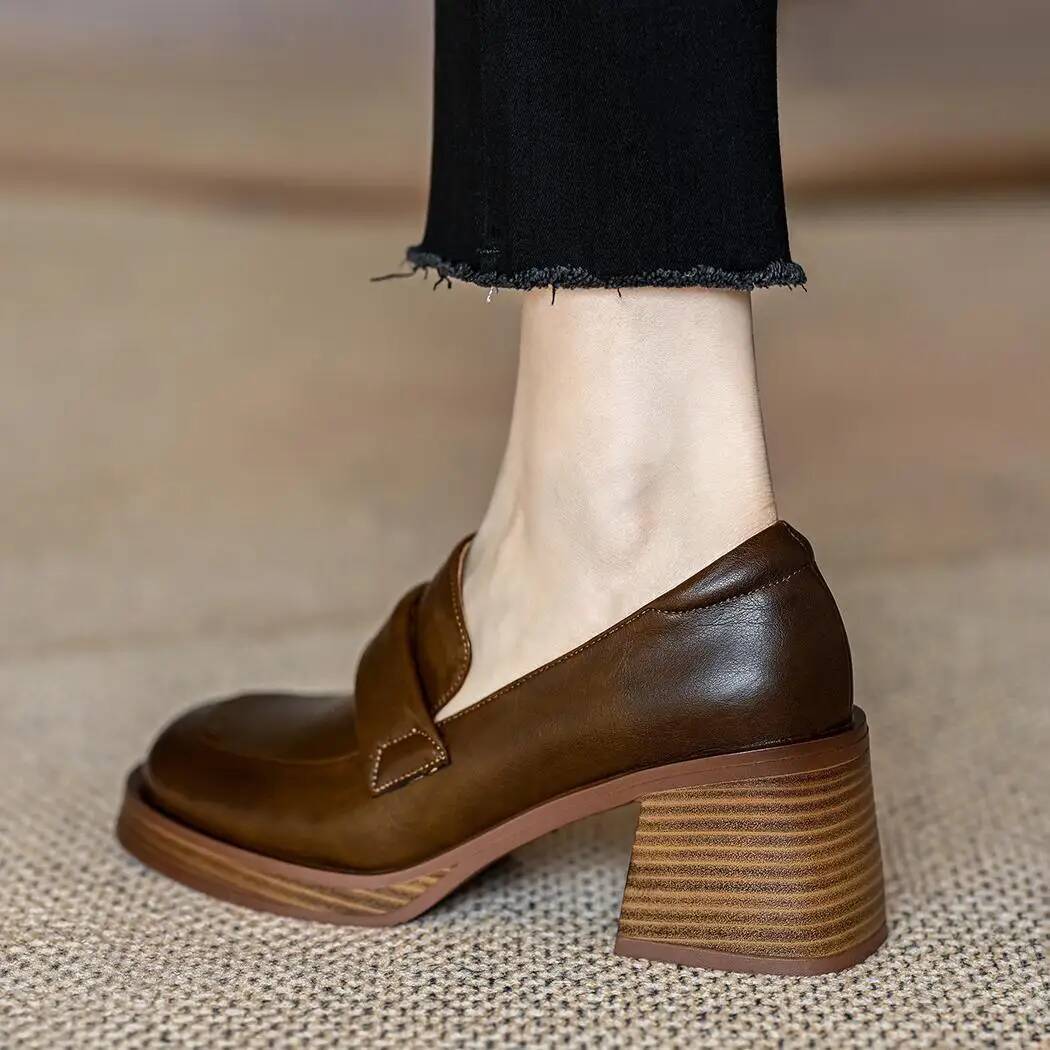 Women's block heel loafers with thick sole in Brown, front view
