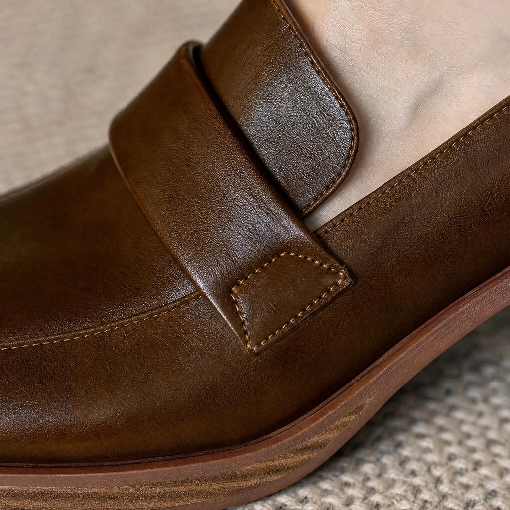 Women's block heel loafers with thick sole in Brown, back view